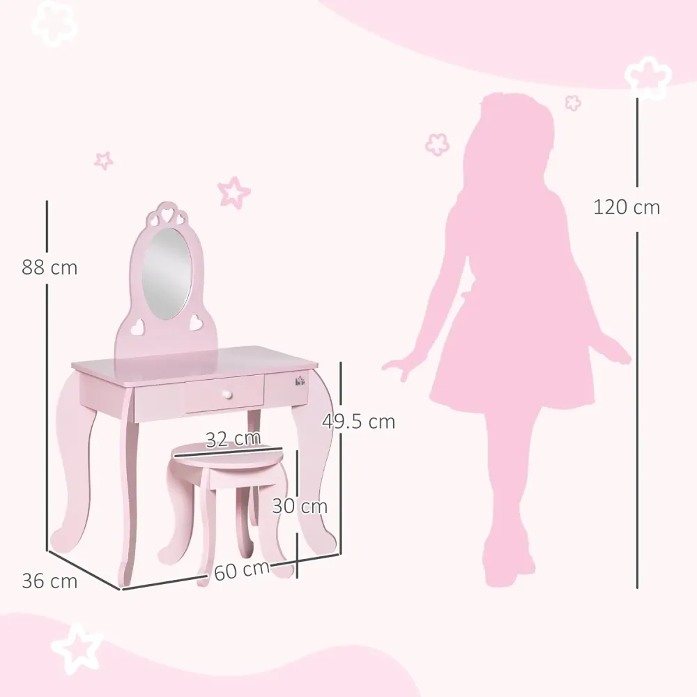 Tavolo Trucco per Bambini, Sgabello Legno, Toeletta con Specchio 60x36x88cm, (Rosa)