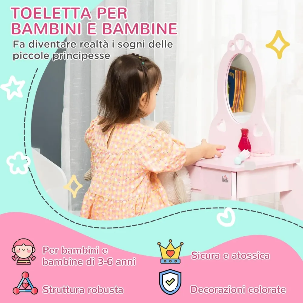 Tavolo Trucco per Bambini, Sgabello Legno, Toeletta con Specchio 60x36x88cm, (Rosa)