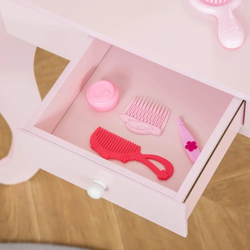 Tavolo Trucco per Bambini, Sgabello Legno, Toeletta con Specchio 60x36x88cm, (Rosa)