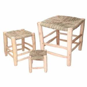 Tris di sgabelli legno impagliato quadrati 22x22xh.22cm 30x30xh.34cm 41x41xh.45cm