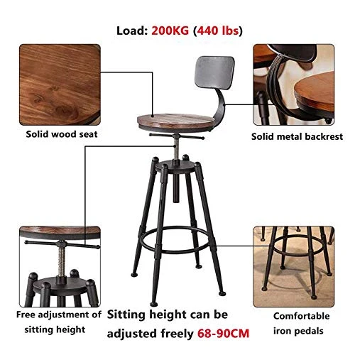 UWY Sedia da Bar per la casa Sedia Legno massello con Sollevamento Stile Loft Coffee Shop Sgabello da Bar Girevole Sgabell...