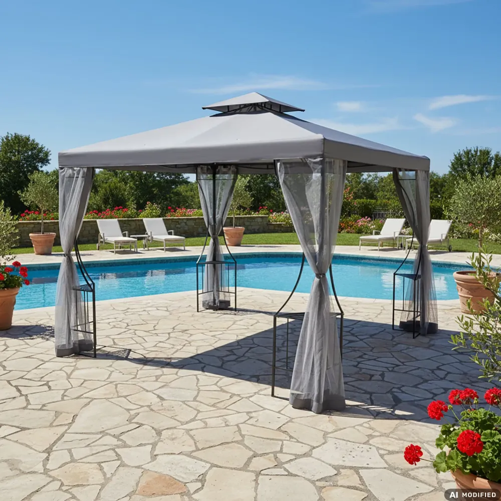 VESTIAMO CASA GIARDINO - Gazebo da giardino Acciaio Antracite con Telo Poliestere Grigio e Zanzariera 3x3 metri