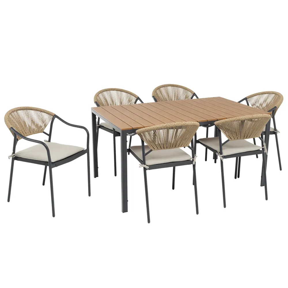 VESTIAMO CASA GIARDINO - Set da giardino 7 pezzi Tavolo con 6 Sedie struttura Acciaio Antracite, braccioli con cuscini inc...