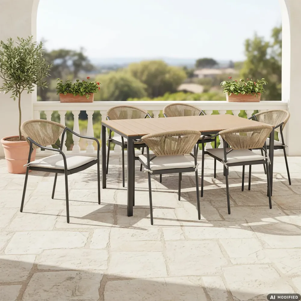 VESTIAMO CASA GIARDINO - Set da giardino 7 pezzi Tavolo con 6 Sedie struttura Acciaio Antracite, braccioli con cuscini inc...