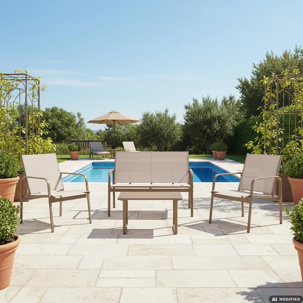 VESTIAMO CASA GIARDINO - Set da giardino 4 pezzi Struttura Acciaio Tortora, braccioli e Top Vetro
