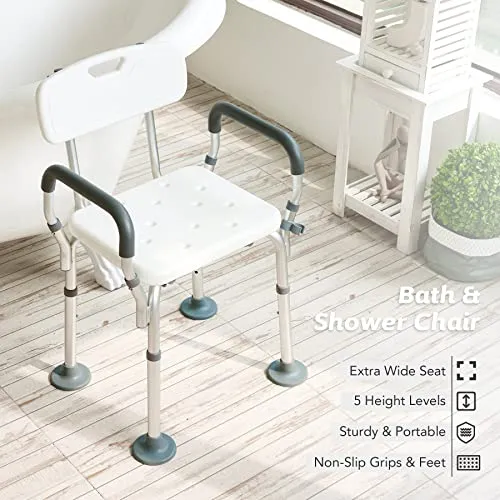 VONOYA Sedia da Doccia Portatile Sgabello da Bagno Alluminio con Schienale e Braccioli Panca da Doccia Regolabile da 5 Alt...