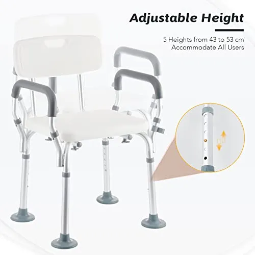 VONOYA Sedia da Doccia Portatile Sgabello da Bagno Alluminio con Schienale e Braccioli Panca da Doccia Regolabile da 5 Alt...