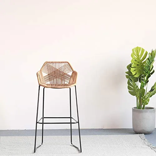 Sgabello da Bar Ferro battuto Casa Minimalista Sedia da Pranzo Vimini Rattan Nordico con Schienale Sgabello Alto Restauran...