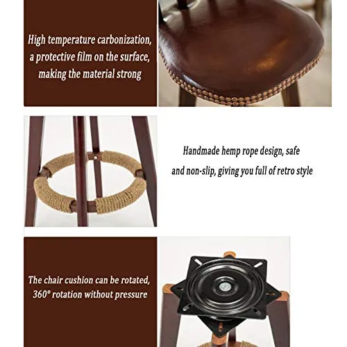 Sedie Da Bar Retrò Sgabello Da Bar Girevole 360 ° Legno Massello, Con Cuscino PU E Schienale Ad Arco Poggiapiedi Corda Di...