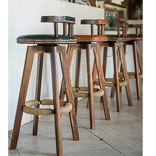 Sedie Da Bar Retrò Sgabello Da Bar Girevole 360 ° Legno Massello, Con Cuscino PU E Schienale Ad Arco Poggiapiedi Corda Di...