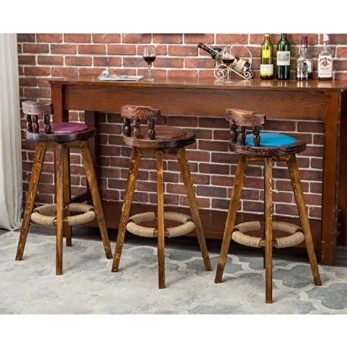 Sgabello Da Bar Legno Massello Sedia Da Bar Girevole Retrò, Con Sedile Rotondo E Schienale Basso, Per Colazione, Pranzo, B...