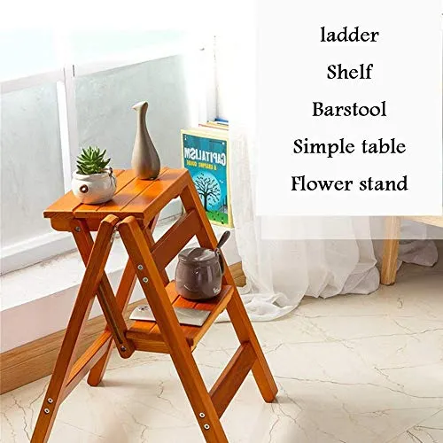 zaizai Sgabello con Scala Legno, Sgabello Pieghevole Schienale per Uso Domestico Scala Multifunzionale Legno Massello, Sca...