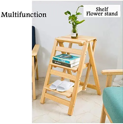 zaizai Sgabello con Scala Legno, Sgabello Pieghevole Schienale per Uso Domestico Scala Multifunzionale Legno Massello, Sca...