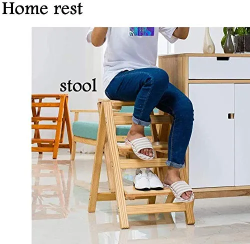 zaizai Sgabello con Scala Legno, Sgabello Pieghevole Schienale per Uso Domestico Scala Multifunzionale Legno Massello, Sca...
