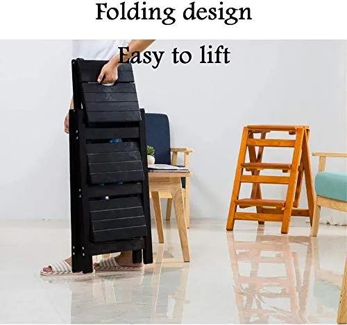 zaizai Sgabello con Scala Legno, Sgabello Pieghevole Schienale per Uso Domestico Scala Multifunzionale Legno Massello, Sca...