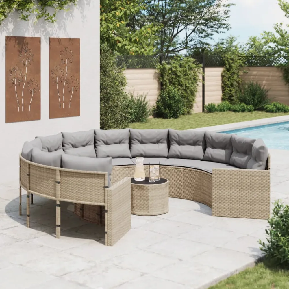 Divano circolare da esterno rattan beige con cuscini grigio chiaro