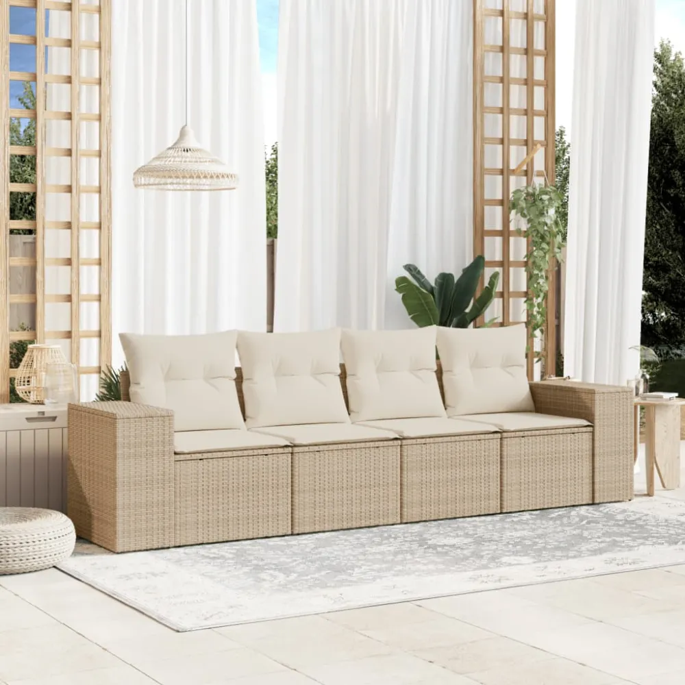 Divano modulare da esterno rattan beige con cuscini bianco crema