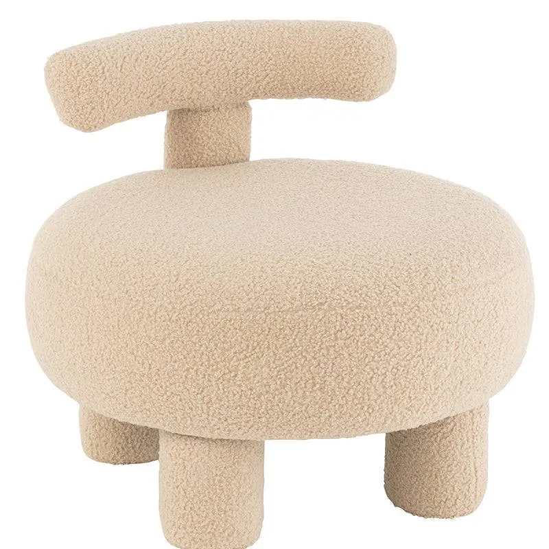 Poltroncina Pouf Rotondo con Schienale Lana Sintetica Rasata Colore Beige