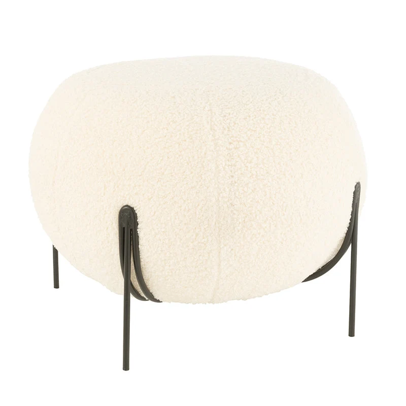 Pouf Lana Sintetica Rasata Bianca con Base Metallo Nera Ø 40 cm