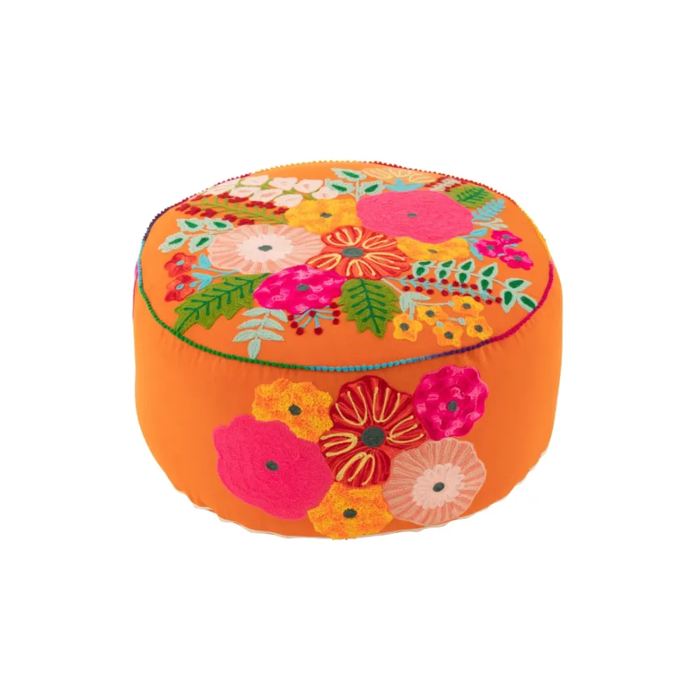 Pouf Rotondo Cotone Colore Arancione con Fiori Ricamati Ø 50 cm