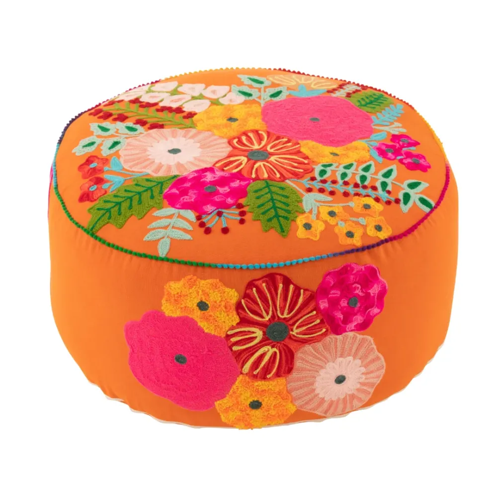 Pouf Rotondo Cotone Colore Arancione con Fiori Ricamati Ø 50 cm
