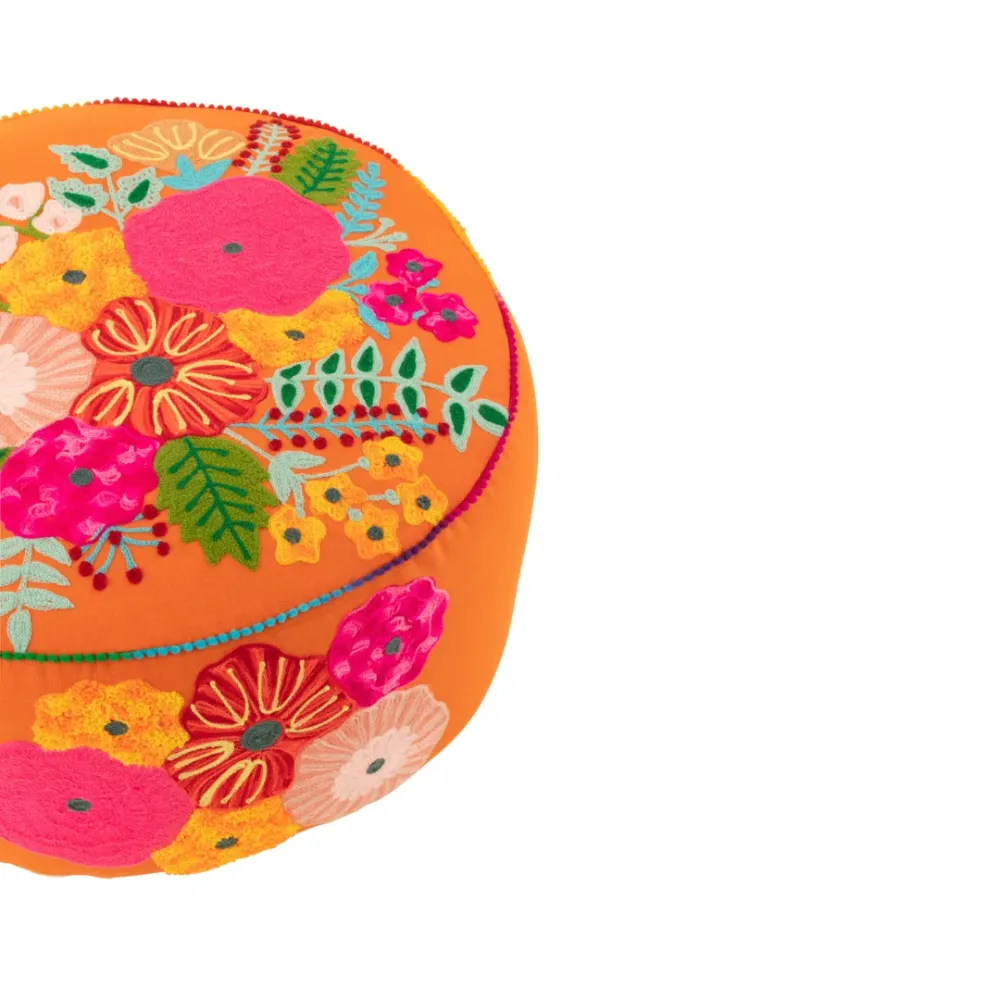 Pouf Rotondo Cotone Colore Arancione con Fiori Ricamati Ø 50 cm