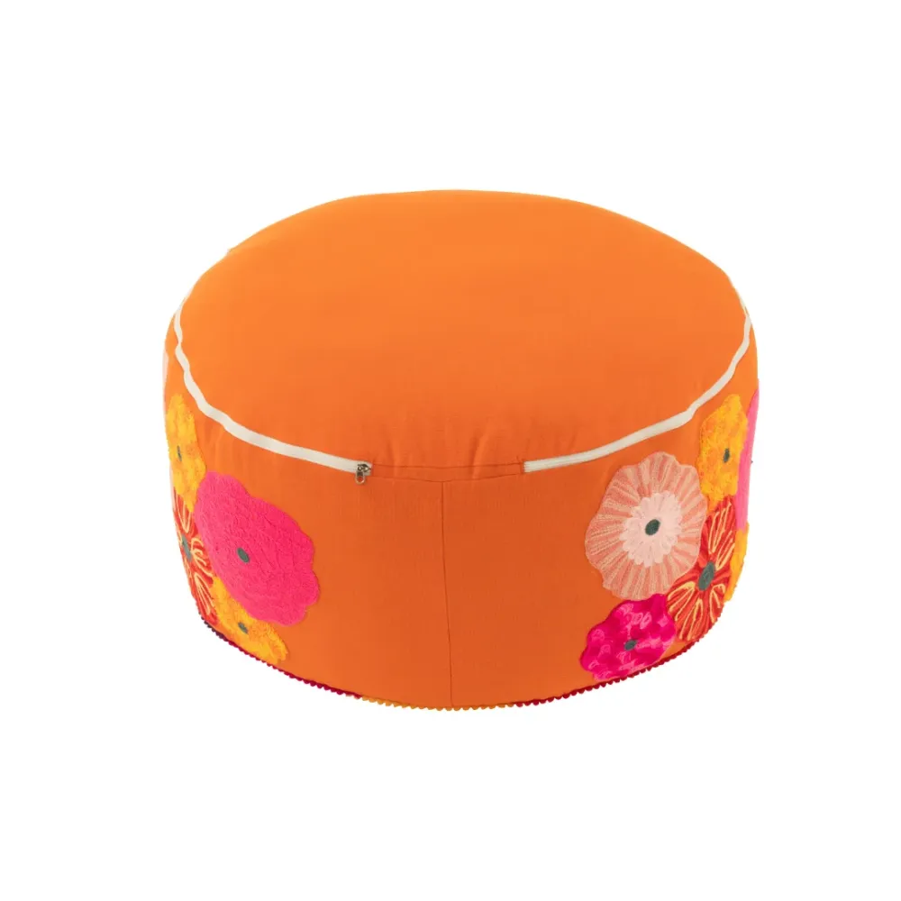 Pouf Rotondo Cotone Colore Arancione con Fiori Ricamati Ø 50 cm