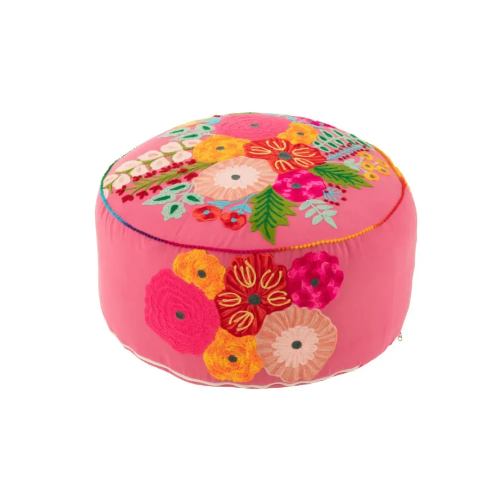 Pouf Rotondo Cotone Rosa con Fiori Multicolore Ricamati Ø 50 cm