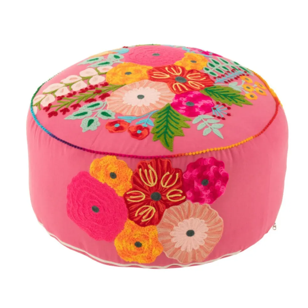 Pouf Rotondo Cotone Rosa con Fiori Multicolore Ricamati Ø 50 cm