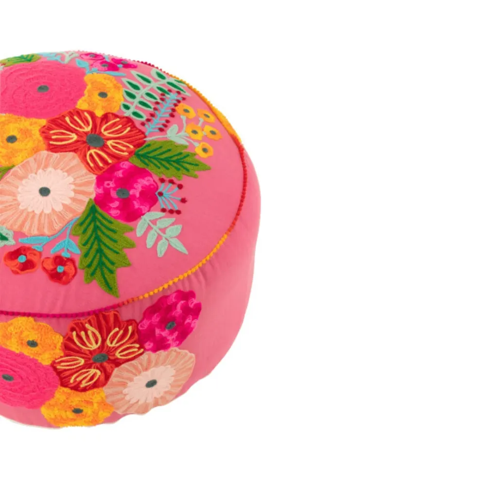 Pouf Rotondo Cotone Rosa con Fiori Multicolore Ricamati Ø 50 cm
