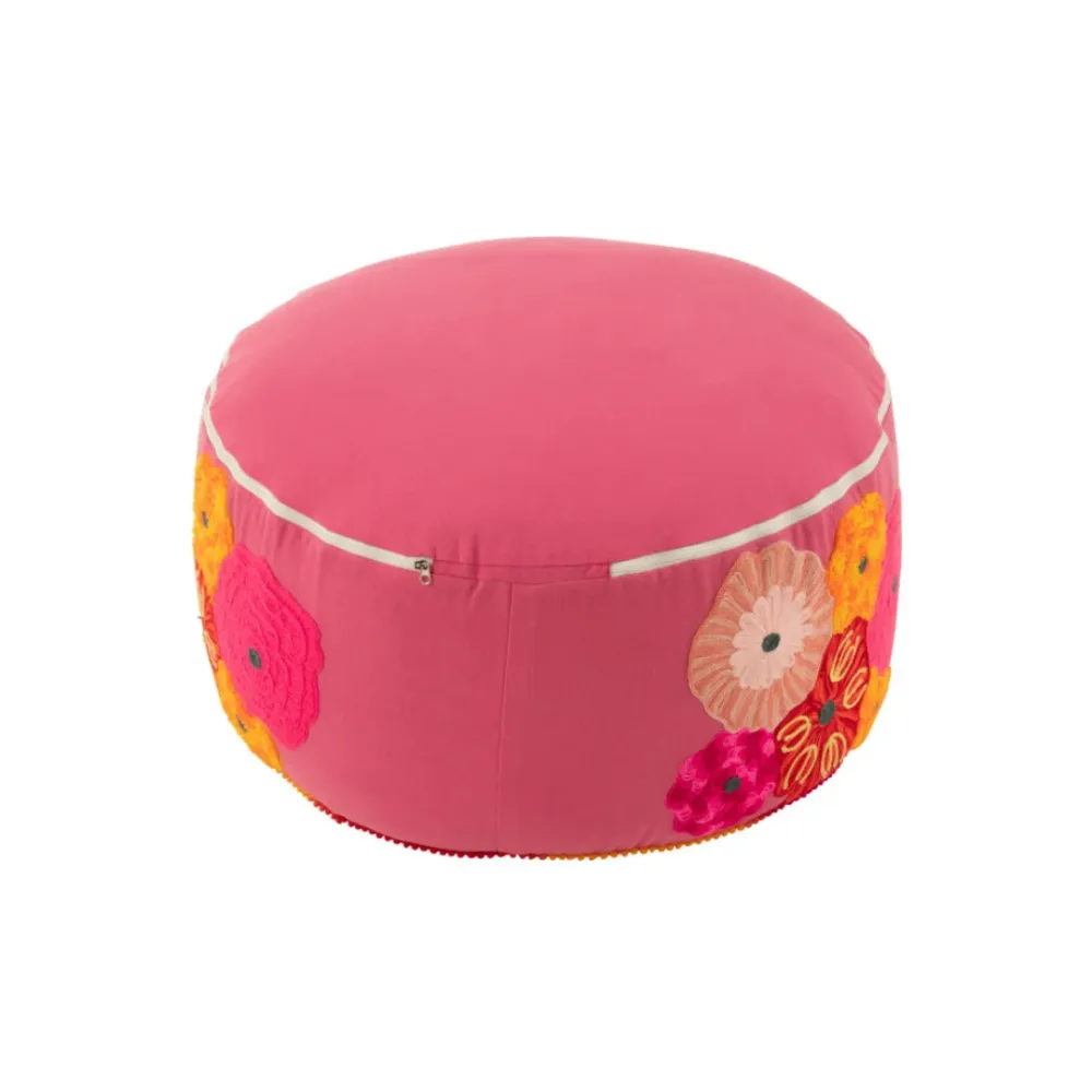 Pouf Rotondo Cotone Rosa con Fiori Multicolore Ricamati Ø 50 cm