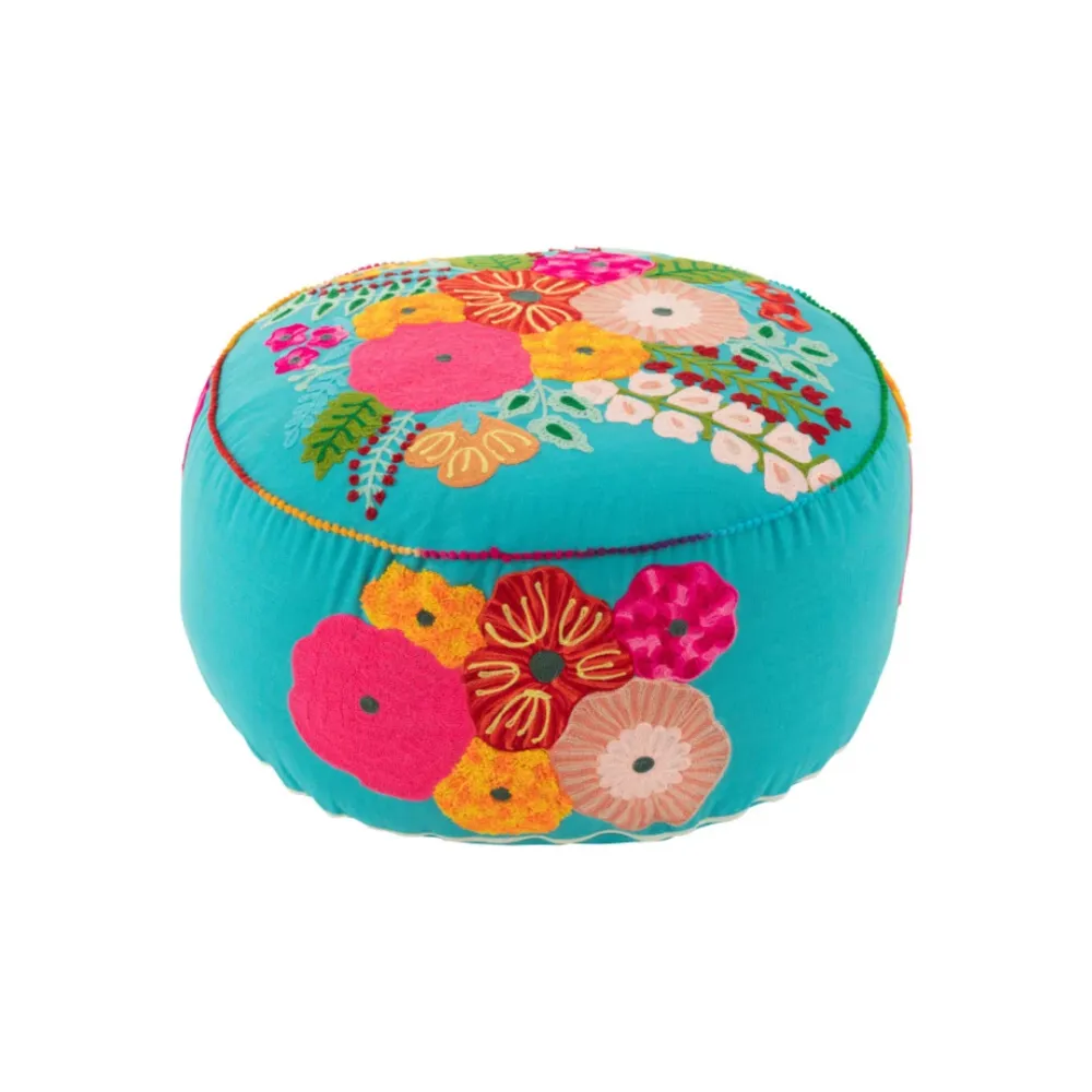 Pouf Rotondo Cotone Sfoderabile Colore Azzurro con Fiori Ricamati Ø 50 cm