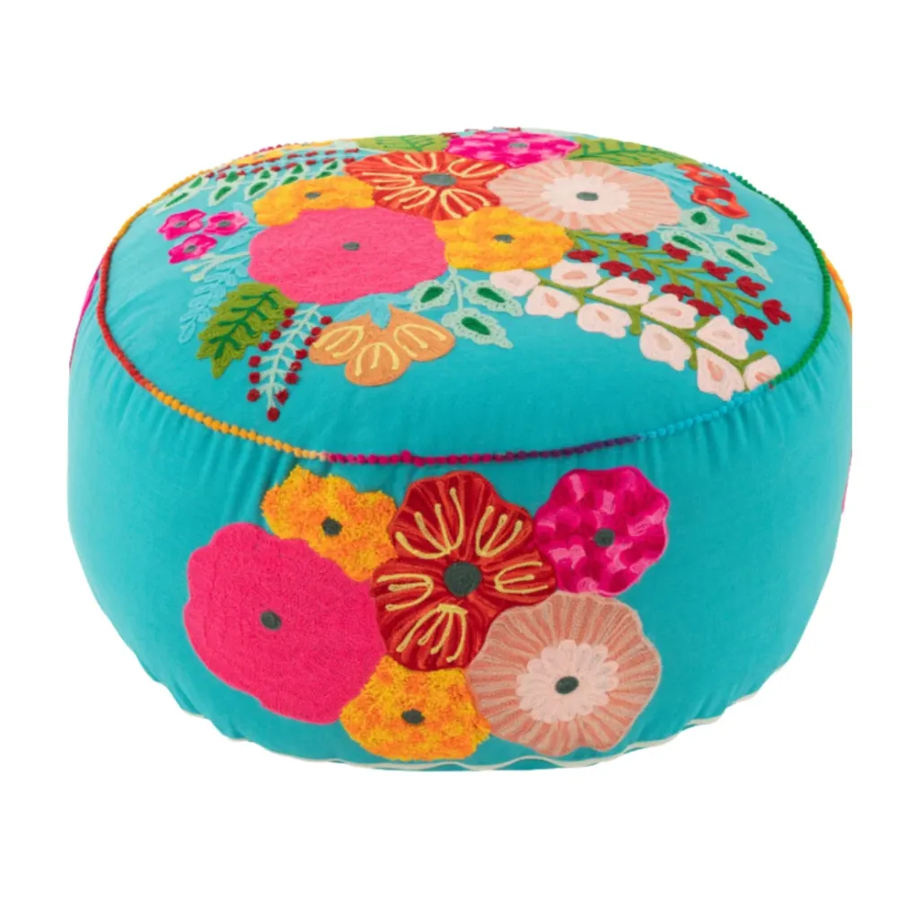 Pouf Rotondo Cotone Sfoderabile Colore Azzurro con Fiori Ricamati Ø 50 cm