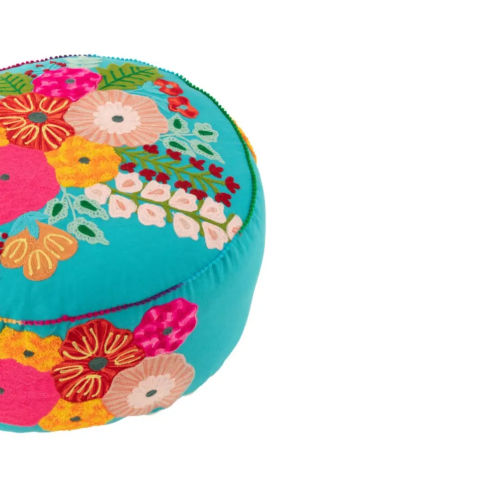 Pouf Rotondo Cotone Sfoderabile Colore Azzurro con Fiori Ricamati Ø 50 cm