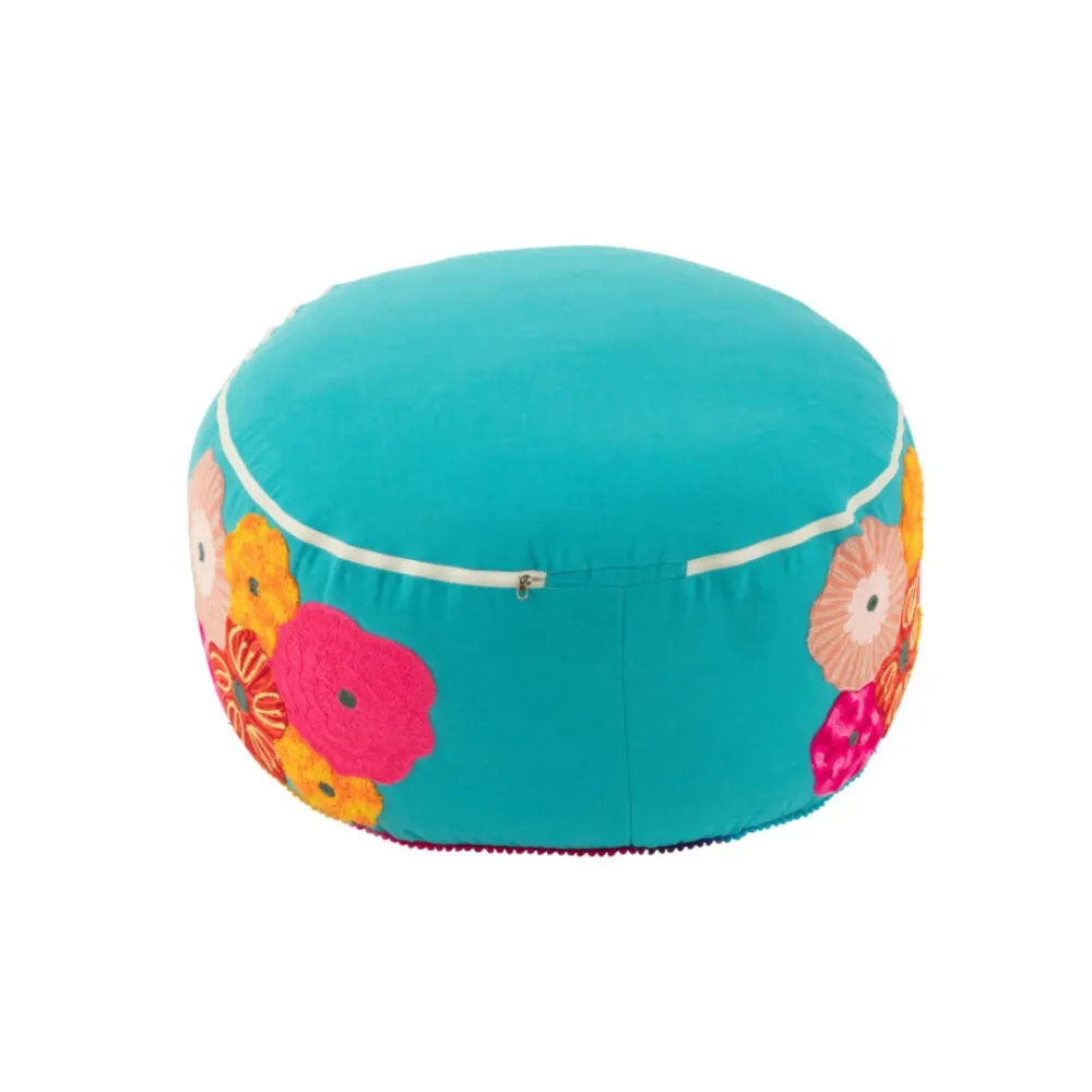 Pouf Rotondo Cotone Sfoderabile Colore Azzurro con Fiori Ricamati Ø 50 cm