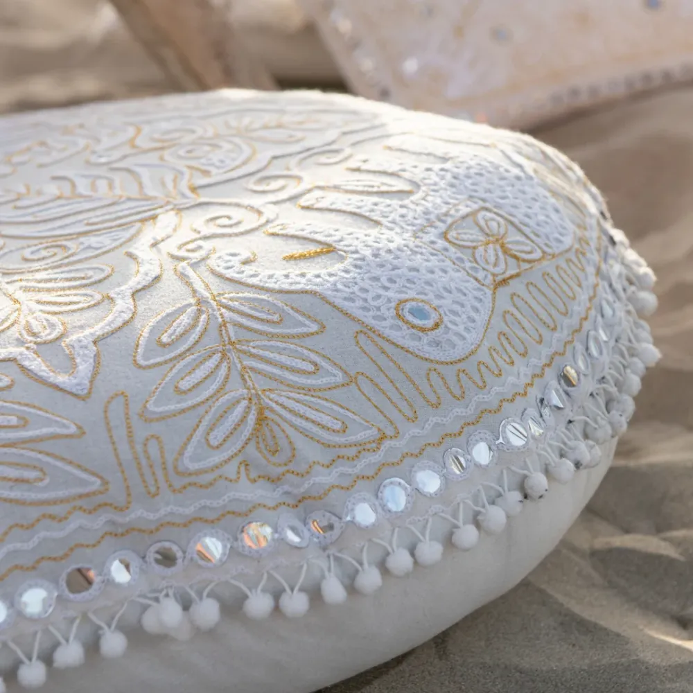 Pouf Rotondo Imbottito Tessuto Ricamato Colore Crema e Oro Large