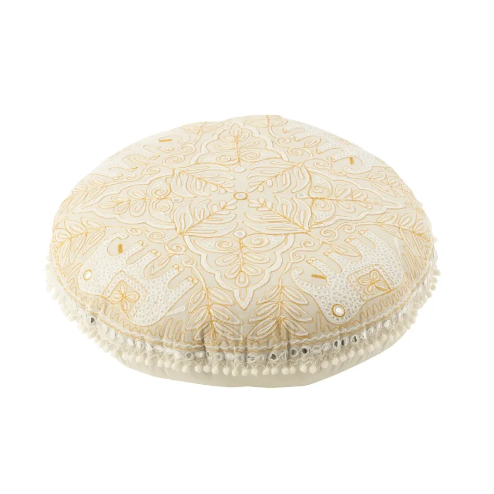 Pouf Rotondo Imbottito Tessuto Ricamato Colore Crema e Oro Large