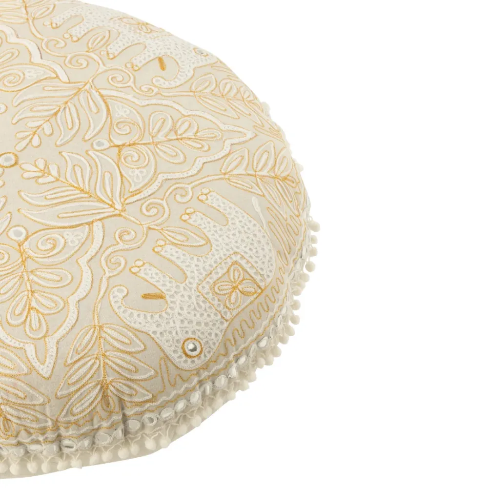 Pouf Rotondo Imbottito Tessuto Ricamato Colore Crema e Oro Large