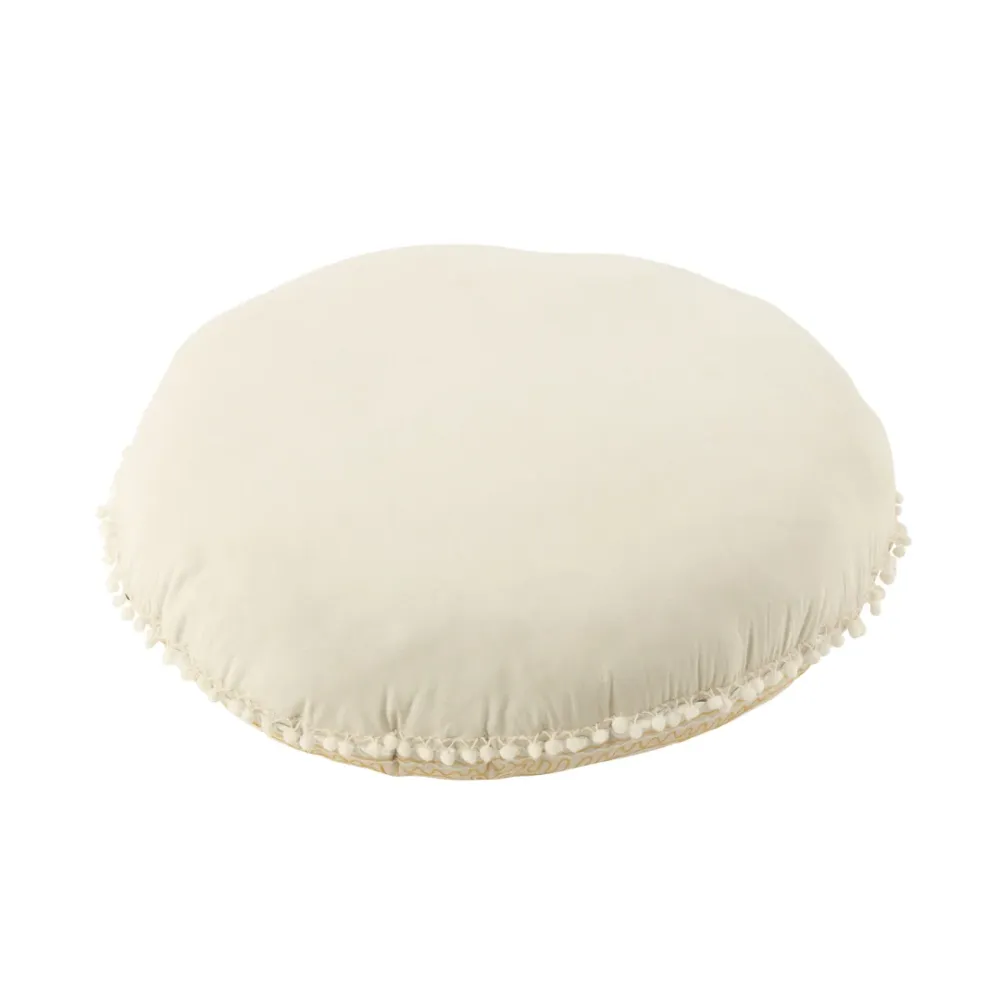 Pouf Rotondo Imbottito Tessuto Ricamato Colore Crema e Oro Large
