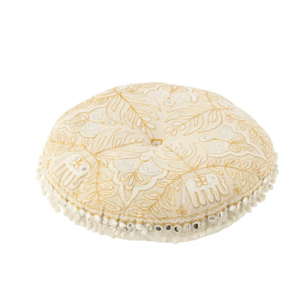 Pouf Rotondo Imbottito Tessuto Ricamato Colore Crema e Oro Small