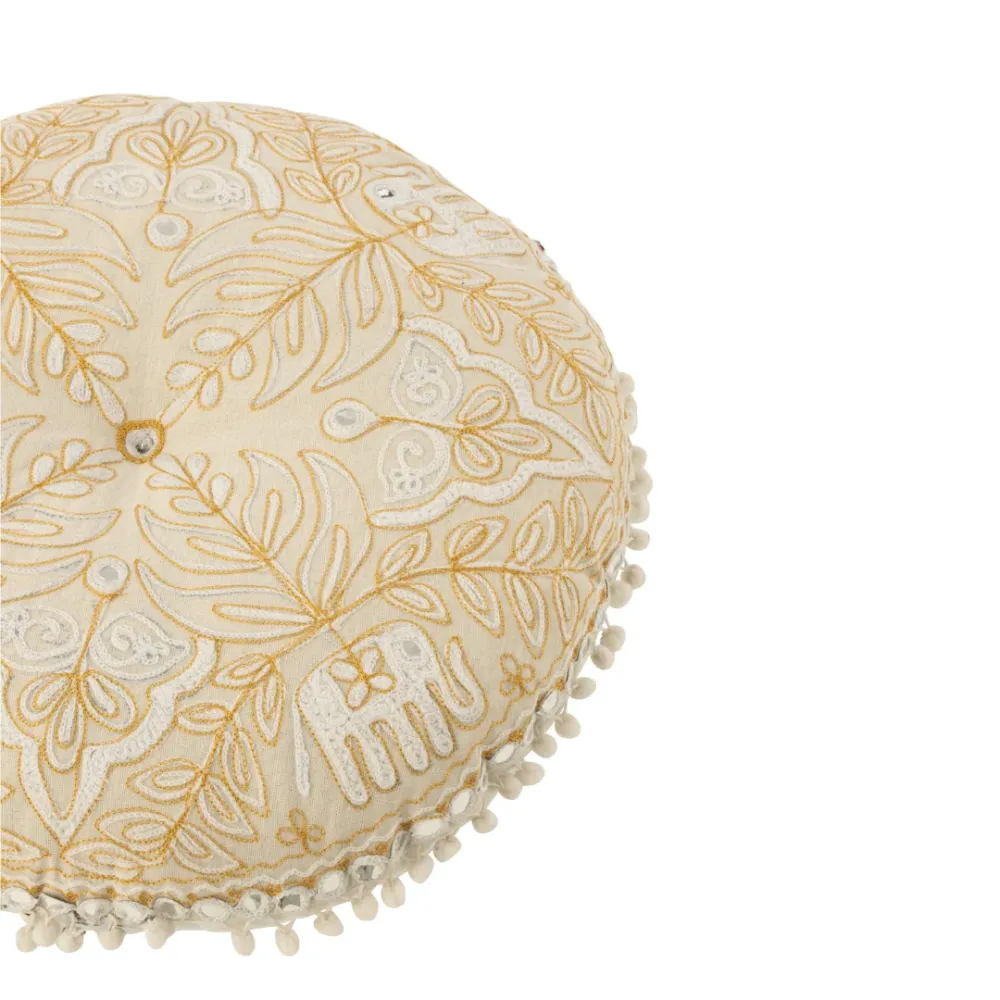 Pouf Rotondo Imbottito Tessuto Ricamato Colore Crema e Oro Small