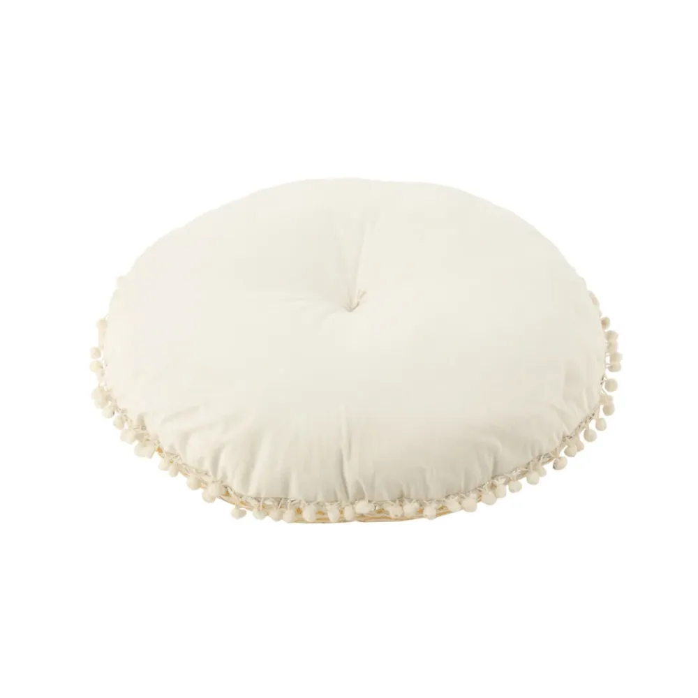 Pouf Rotondo Imbottito Tessuto Ricamato Colore Crema e Oro Small