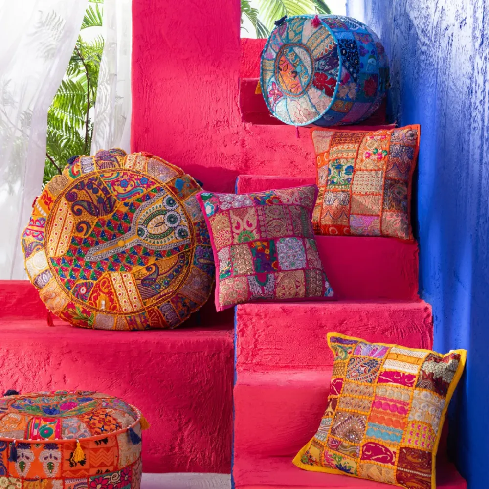Pouf Rotondo Patchwork Multicolor Cotone