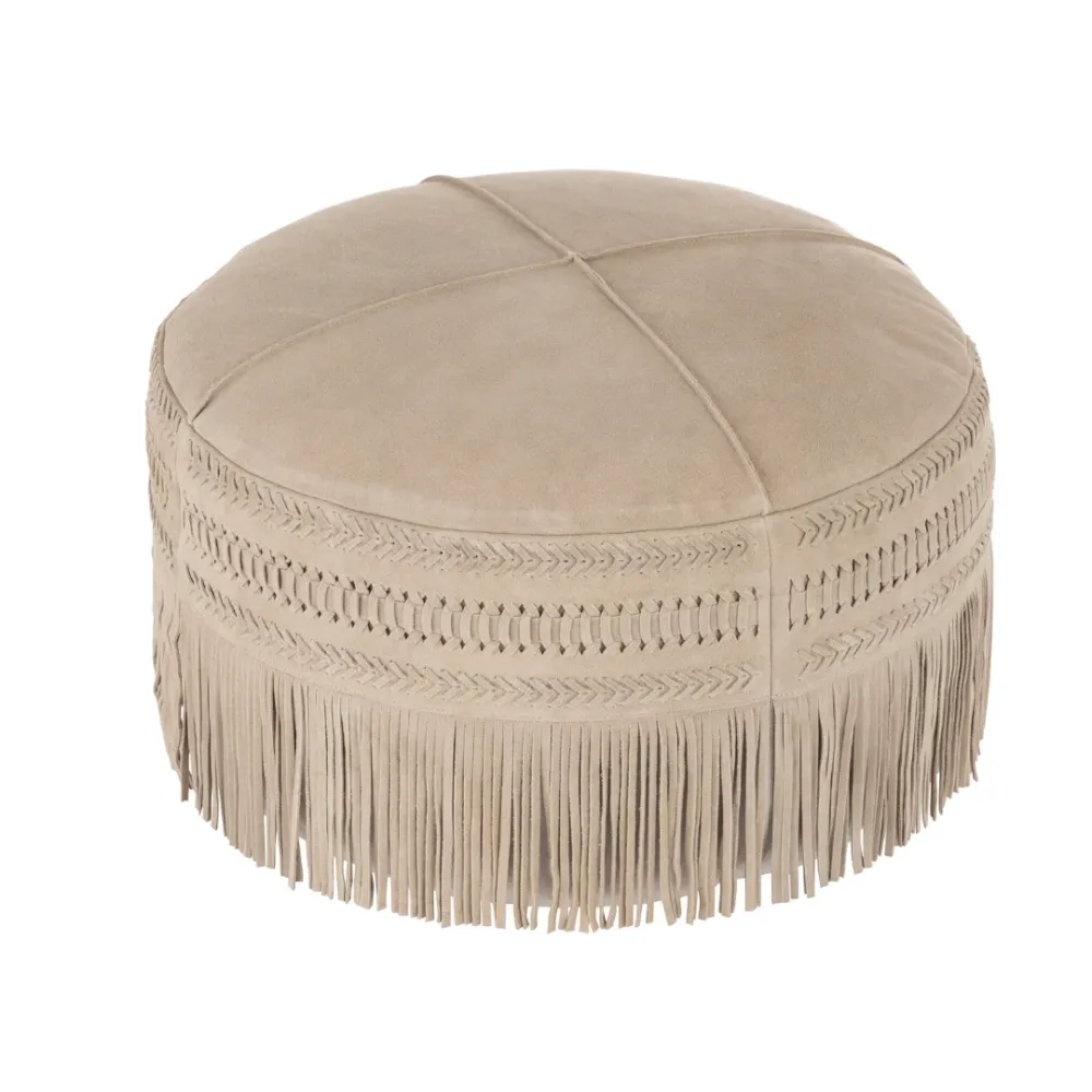 Pouf Rotondo Pelle Scamosciata Colore Grigio Chiaro con Frange Ø 54 cm