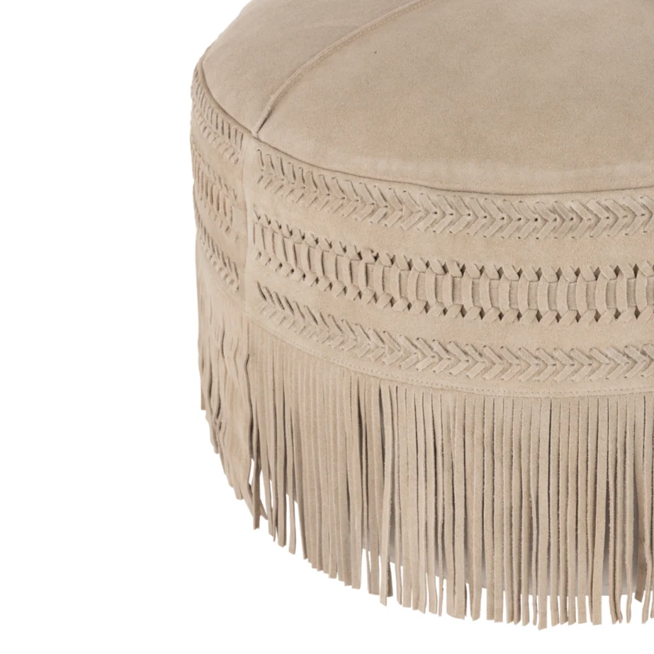Pouf Rotondo Pelle Scamosciata Colore Grigio Chiaro con Frange Ø 54 cm