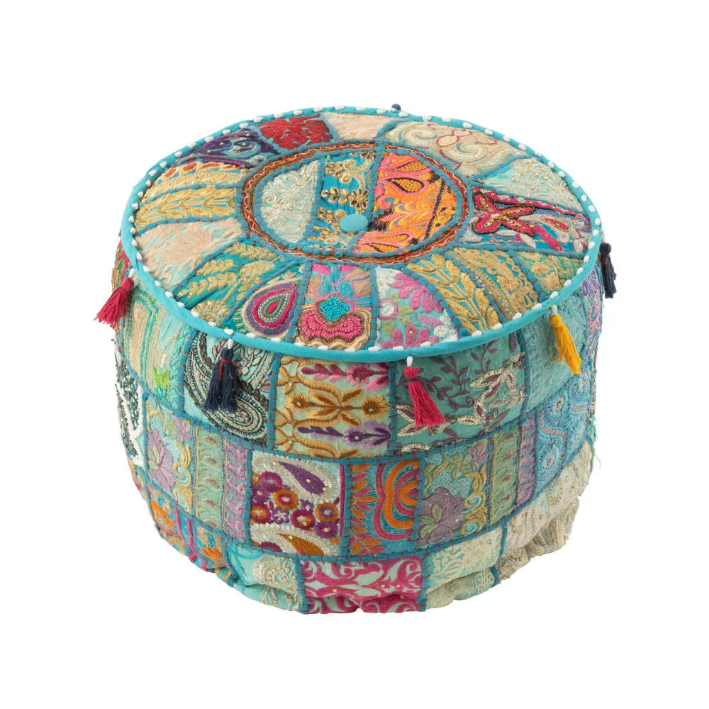 Pouf Rotondo Ricamato con Nappine Stile Etnico Sfoderabile Ø 40 cm