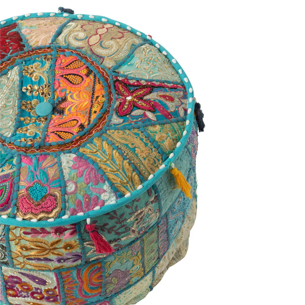 Pouf Rotondo Ricamato con Nappine Stile Etnico Sfoderabile Ø 40 cm