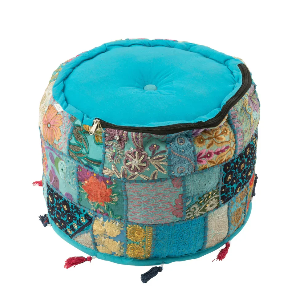 Pouf Rotondo Ricamato con Nappine Stile Etnico Sfoderabile Ø 40 cm