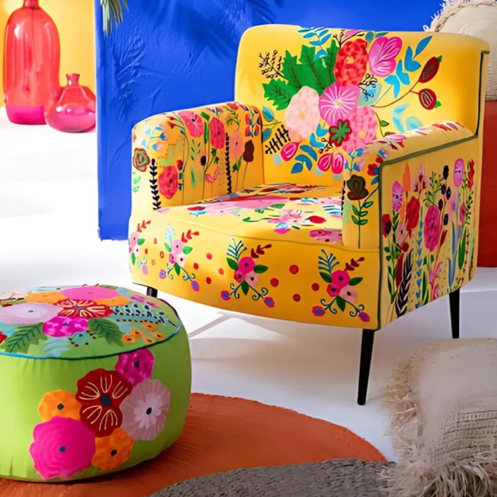 Pouf Rotondo Sfoderabile Cotone Colore Verde con Fiori Ricamati Ø 50 cm