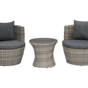 PE Rattan Garden Bistro Set Grey CAPRI con 2 Poltrone e Pouf